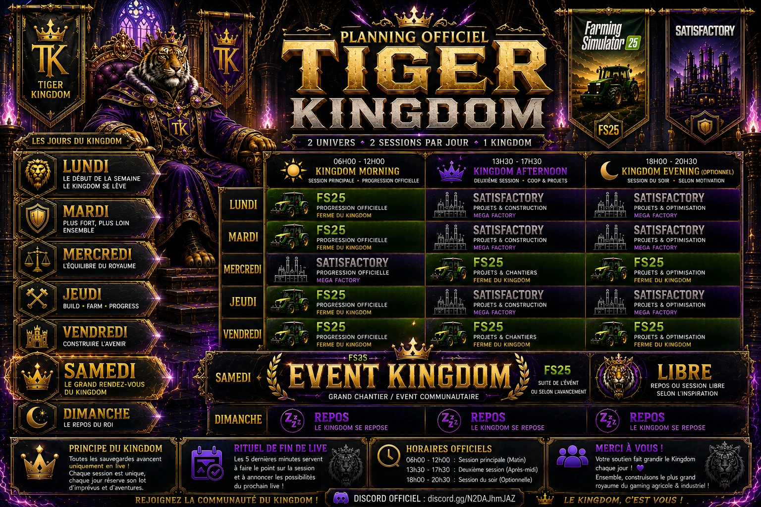 Planning officiel Tiger Kingdom — Farming Simulator 25 et Satisfactory